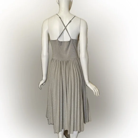 Anthropologie Elevenses Lunar Pleated Midi Dress Gold Sparkle Metallic Size 6 - Picture 5 of 13